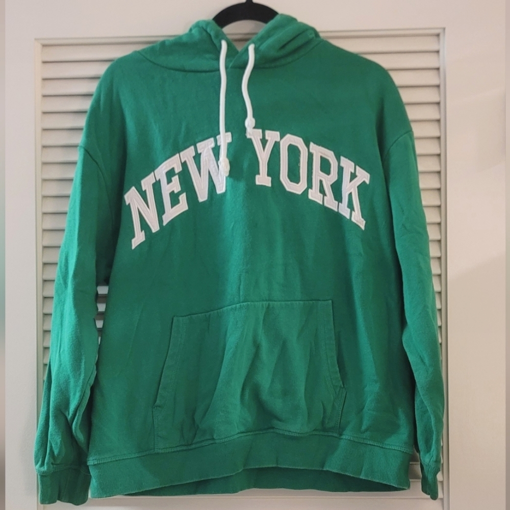 H&M- Green & White New York Hoodie With Drawstring & Pocket